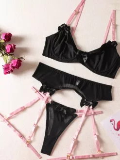 Backless Lingerie Bows Sexy Black 3-Piece Adult's Bra Panty Sets