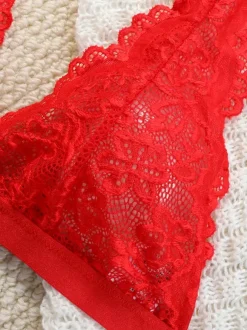 Backless Lingerie Buttons Floral Print Sexy Red 2-Piece Bra Panty Sets