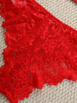 Backless Lingerie Buttons Floral Print Sexy Red 2-Piece Bra Panty Sets