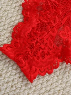 Backless Lingerie Buttons Floral Print Sexy Red 2-Piece Bra Panty Sets