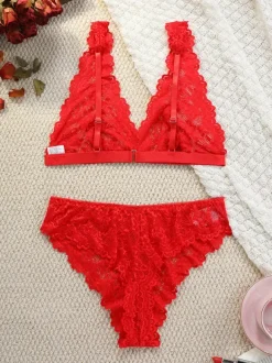 Backless Lingerie Buttons Floral Print Sexy Red 2-Piece Bra Panty Sets