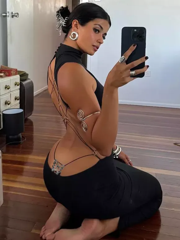 Backless Maxi Dress For Women - Butterfly Detail Mock Neck Black Bodycon Long Dress - Summer Night Out Clubwear 2026