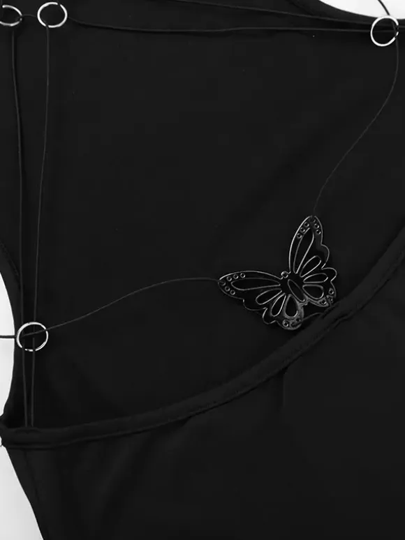 Backless Maxi Dress For Women - Butterfly Detail Mock Neck Black Bodycon Long Dress - Summer Night Out Clubwear 2026