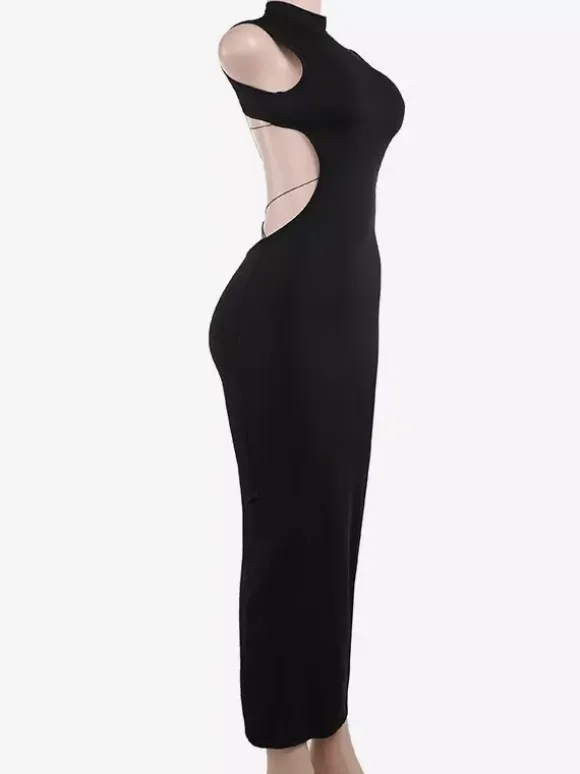 Backless Maxi Dress For Women - Butterfly Detail Mock Neck Black Bodycon Long Dress - Summer Night Out Clubwear 2026