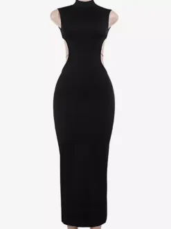 Backless Maxi Dress For Women - Butterfly Detail Mock Neck Black Bodycon Long Dress - Summer Night Out Clubwear 2026