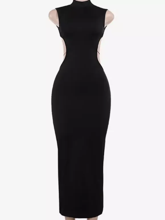 Backless Maxi Dress For Women - Butterfly Detail Mock Neck Black Bodycon Long Dress - Summer Night Out Clubwear 2026