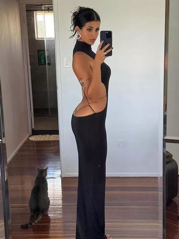 Backless Maxi Dress For Women - Butterfly Detail Mock Neck Black Bodycon Long Dress - Summer Night Out Clubwear 2026