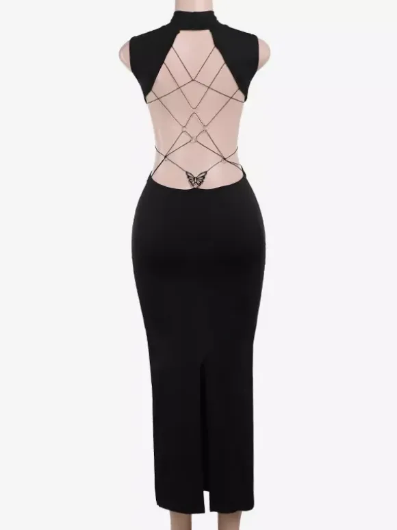 Backless Maxi Dress For Women - Butterfly Detail Mock Neck Black Bodycon Long Dress - Summer Night Out Clubwear 2026