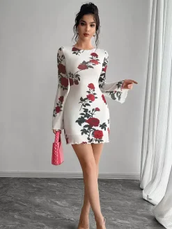 Backless Rose Print Mesh Flare Sleeve Bodycon Mini Dress For Women 2026