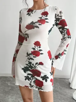 Backless Rose Print Mesh Flare Sleeve Bodycon Mini Dress For Women 2026