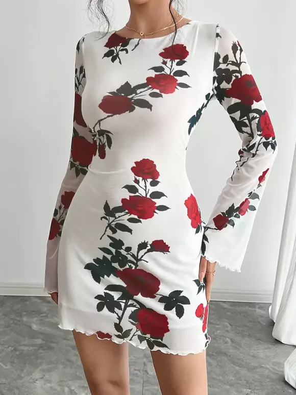 Backless Rose Print Mesh Flare Sleeve Bodycon Mini Dress For Women 2026