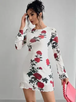 Backless Rose Print Mesh Flare Sleeve Bodycon Mini Dress For Women 2026