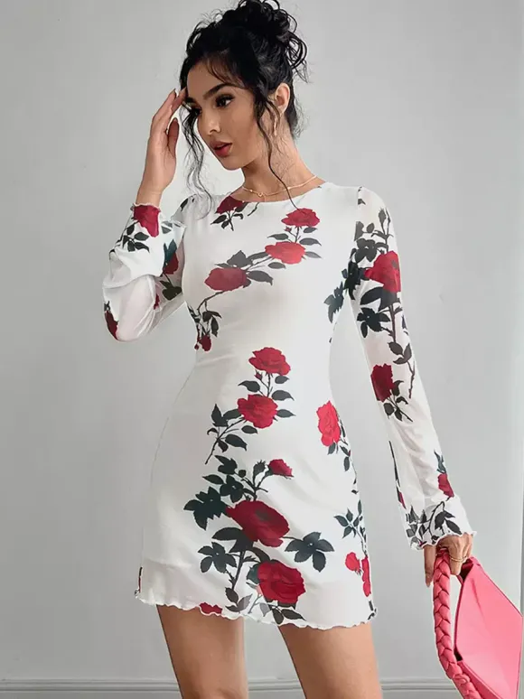 Backless Rose Print Mesh Flare Sleeve Bodycon Mini Dress For Women 2026