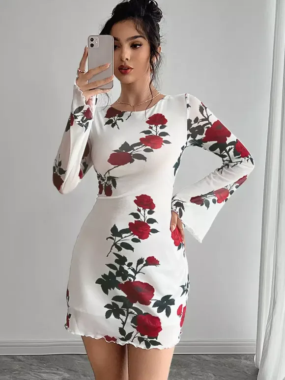 Backless Rose Print Mesh Flare Sleeve Bodycon Mini Dress For Women 2026