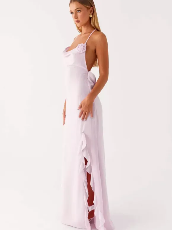 Backless Ruffle Maxi Dress For Women - Cowl Neck Strappy Sleeveless Gown With 3D Flower - Summer Formal Prom 2026