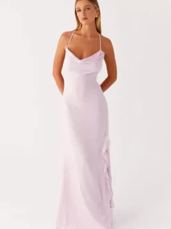 Backless Ruffle Maxi Dress For Women - Cowl Neck Strappy Sleeveless Gown With 3D Flower - Summer Formal Prom 2026