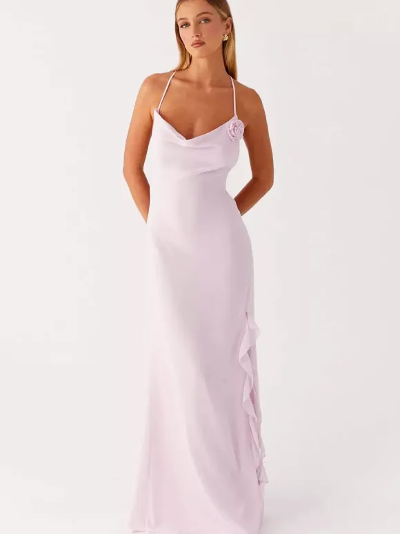 Backless Ruffle Maxi Dress For Women - Cowl Neck Strappy Sleeveless Gown With 3D Flower - Summer Formal Prom 2026