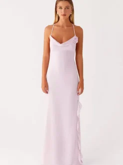 Backless Ruffle Maxi Dress For Women - Cowl Neck Strappy Sleeveless Gown With 3D Flower - Summer Formal Prom 2026