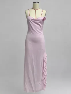 Backless Ruffle Maxi Dress For Women - Cowl Neck Strappy Sleeveless Gown With 3D Flower - Summer Formal Prom 2026