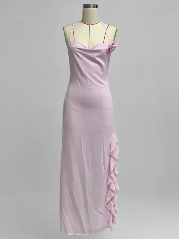 Backless Ruffle Maxi Dress For Women - Cowl Neck Strappy Sleeveless Gown With 3D Flower - Summer Formal Prom 2026