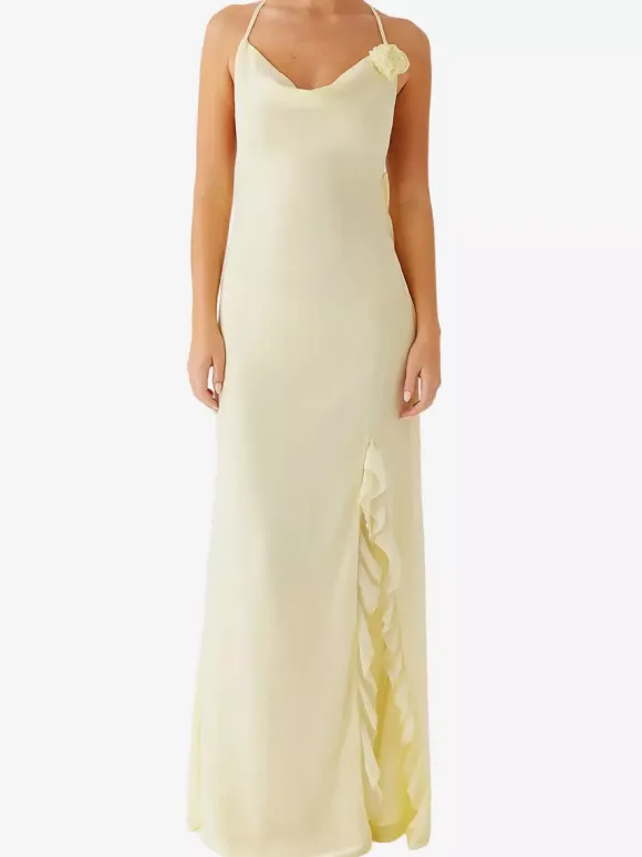 Backless Ruffle Maxi Dress For Women - Cowl Neck Strappy Sleeveless Gown With 3D Flower - Summer Formal Prom 2026