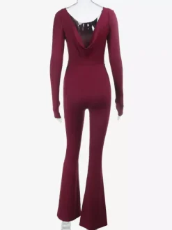 Backless Flare Jumpsuit For Women - Wine Red Sexy Long Sleeve Bodycon Romper - Spring Streetwear 2026