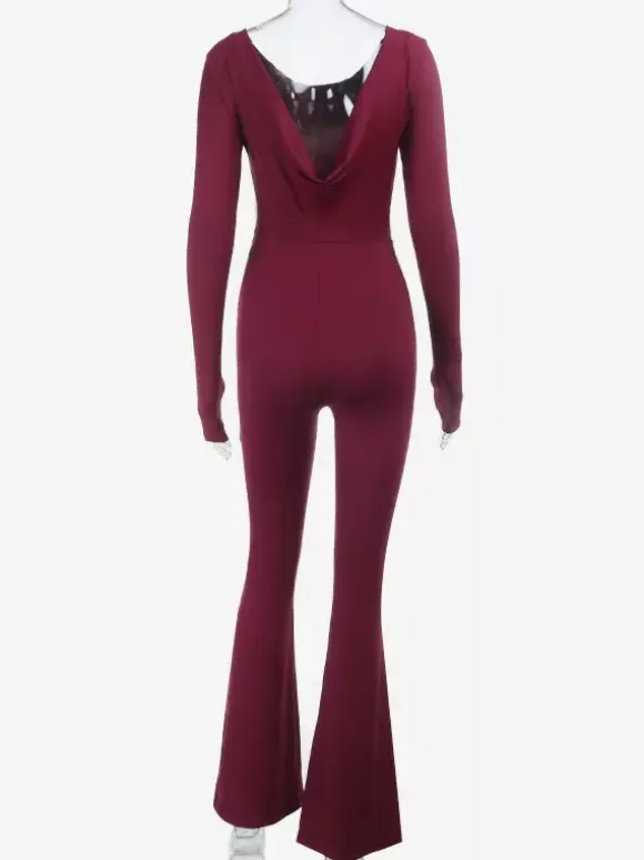 Backless Flare Jumpsuit For Women - Wine Red Sexy Long Sleeve Bodycon Romper - Spring Streetwear 2026