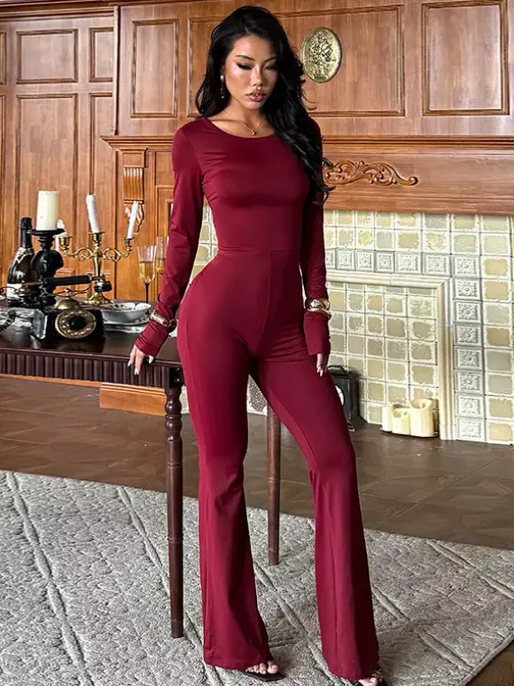 Backless Flare Jumpsuit For Women - Wine Red Sexy Long Sleeve Bodycon Romper - Spring Streetwear 2026