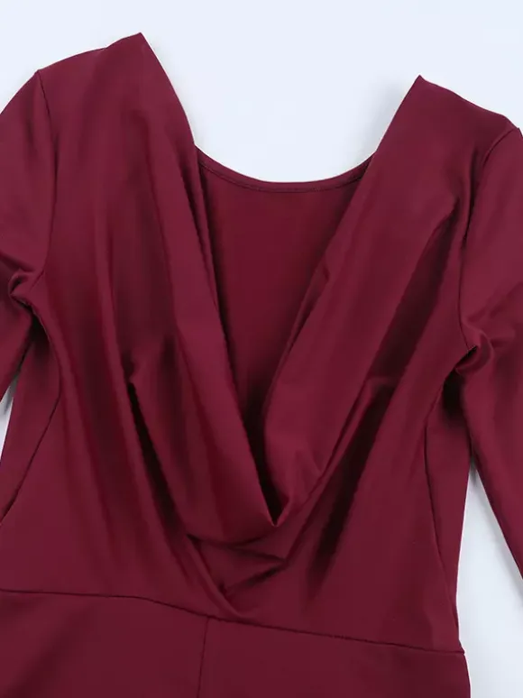 Backless Flare Jumpsuit For Women - Wine Red Sexy Long Sleeve Bodycon Romper - Spring Streetwear 2026
