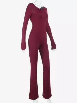 Backless Flare Jumpsuit For Women - Wine Red Sexy Long Sleeve Bodycon Romper - Spring Streetwear 2026