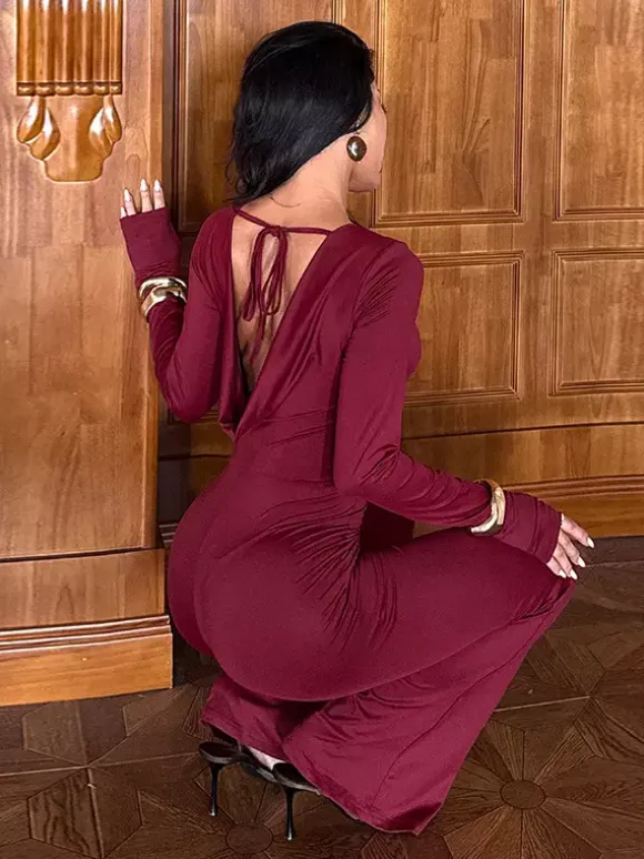 Backless Flare Jumpsuit For Women - Wine Red Sexy Long Sleeve Bodycon Romper - Spring Streetwear 2026