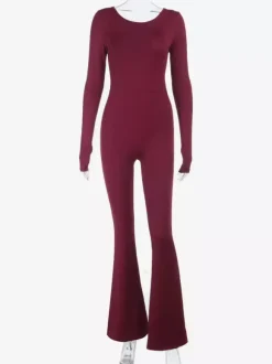 Backless Flare Jumpsuit For Women - Wine Red Sexy Long Sleeve Bodycon Romper - Spring Streetwear 2026