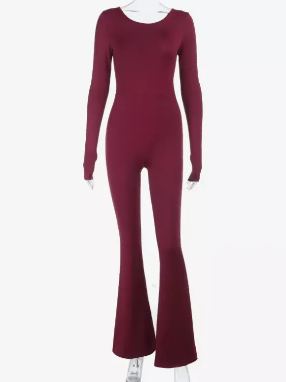 Backless Flare Jumpsuit For Women - Wine Red Sexy Long Sleeve Bodycon Romper - Spring Streetwear 2026