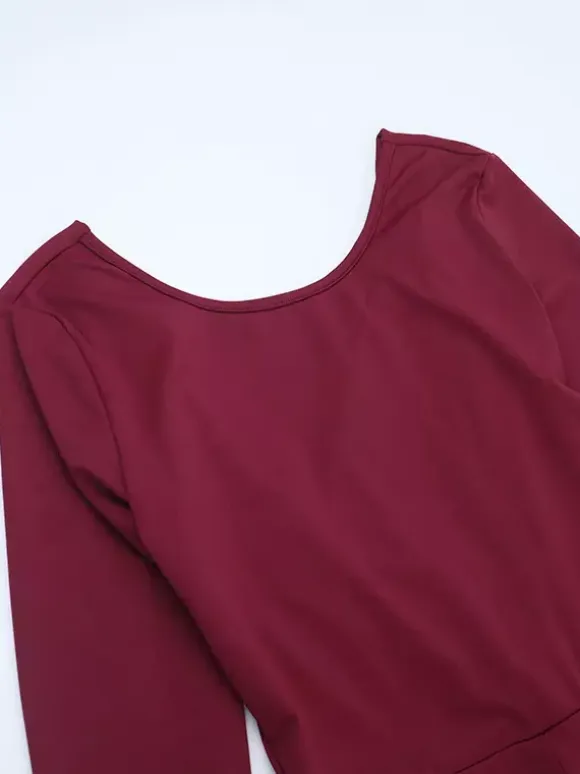 Backless Flare Jumpsuit For Women - Wine Red Sexy Long Sleeve Bodycon Romper - Spring Streetwear 2026