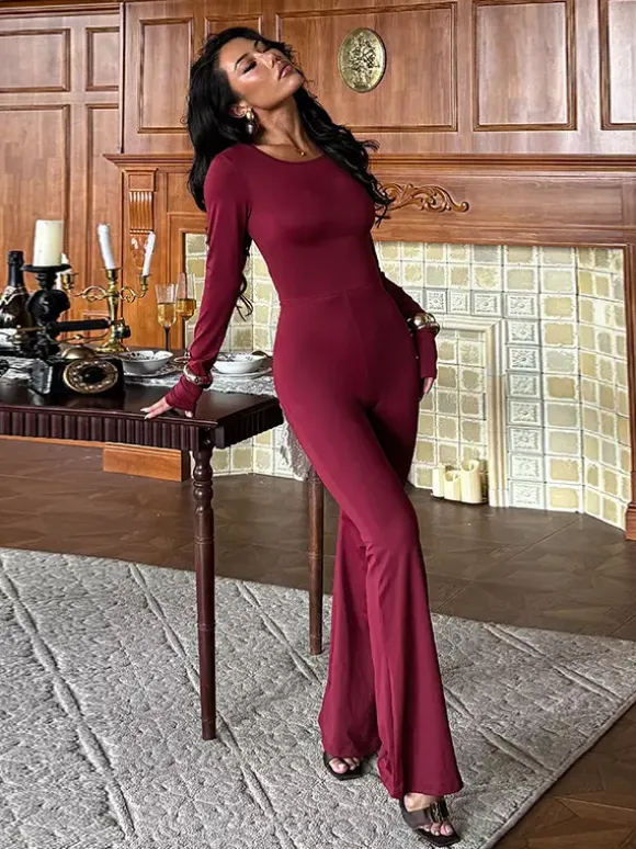 Backless Flare Jumpsuit For Women - Wine Red Sexy Long Sleeve Bodycon Romper - Spring Streetwear 2026