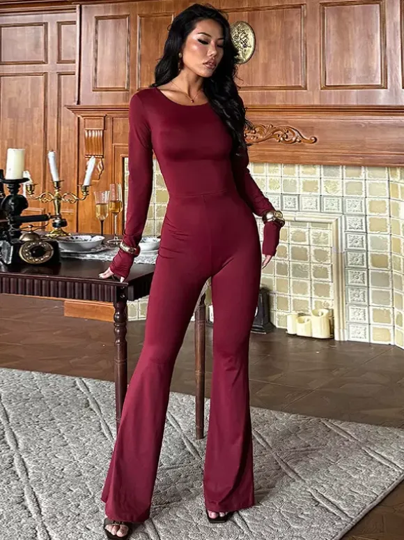 Backless Flare Jumpsuit For Women - Wine Red Sexy Long Sleeve Bodycon Romper - Spring Streetwear 2026