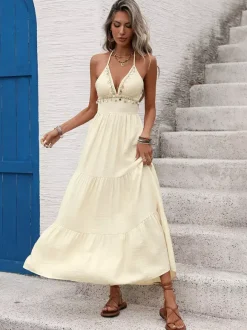 Backless Halter Maxi Dress With Ruffle Details Boho Glamour For Beach Beyond