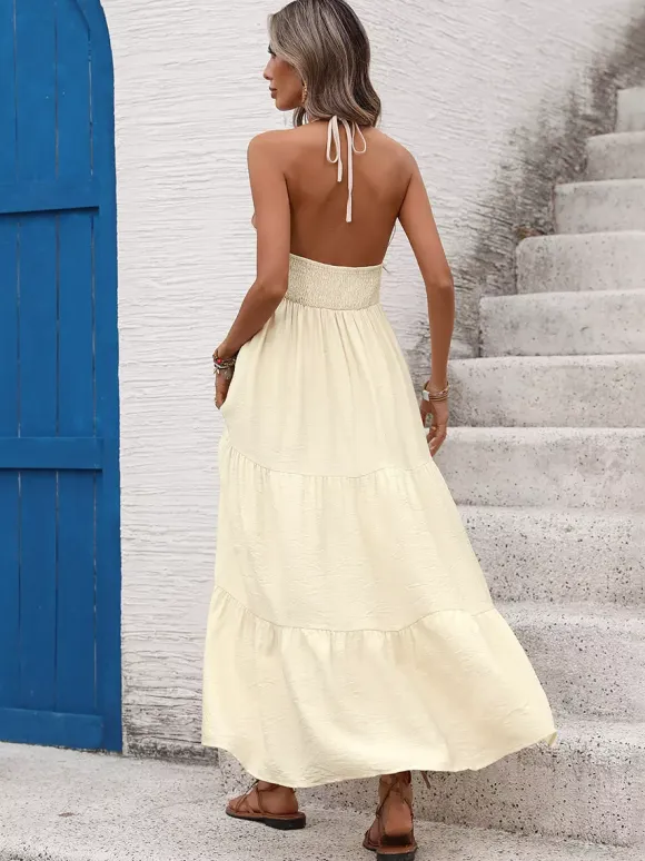 Backless Halter Maxi Dress With Ruffle Details Boho Glamour For Beach Beyond