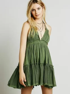 Backless Halter Mini Dress for Women - Boho Textured Ruffle V Neck Tie Back Babydoll Dress - Summer Beach Party 2026