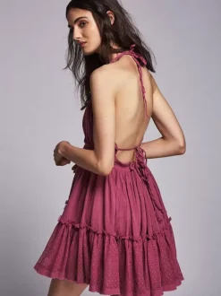 Backless Halter Mini Dress for Women - Boho Textured Ruffle V Neck Tie Back Babydoll Dress - Summer Beach Party 2026