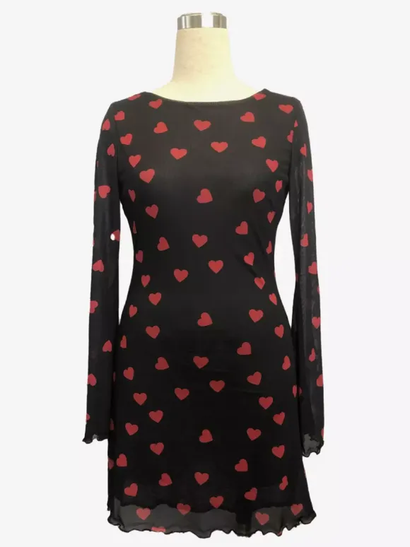 Backless Heart Print Long Sleeve Mini Dress For Women 2026