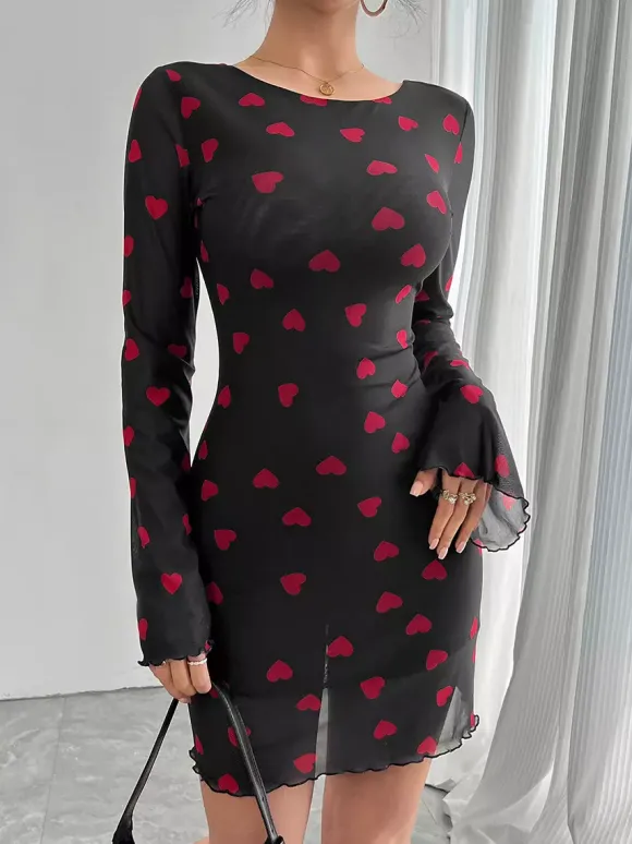 Backless Heart Print Long Sleeve Mini Dress For Women 2026
