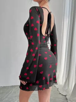 Backless Heart Print Long Sleeve Mini Dress For Women 2026