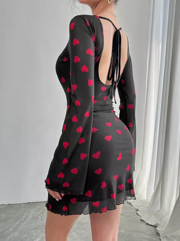 Backless Heart Print Long Sleeve Mini Dress For Women 2026