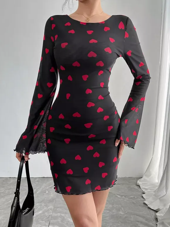 Backless Heart Print Long Sleeve Mini Dress For Women 2026