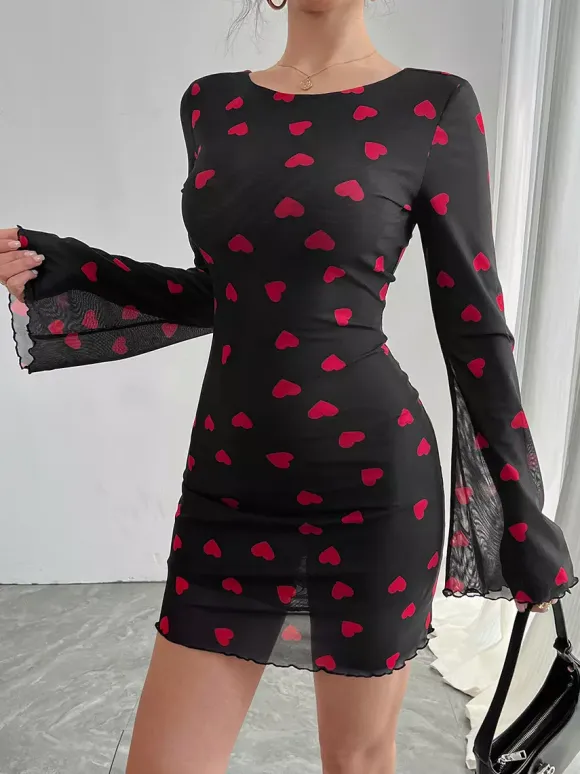 Backless Heart Print Long Sleeve Mini Dress For Women 2026