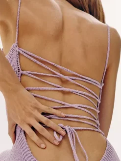 Backless Knitted Slip Dress For Women - Lace Up Ribbed Side Slit Midi Bodycon - Summer Beach Vacation 2026