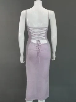 Backless Knitted Slip Dress For Women - Lace Up Ribbed Side Slit Midi Bodycon - Summer Beach Vacation 2026