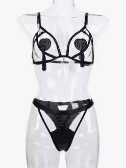 Backless Lingerie Crystal Tassel Pendant Breast Stickers Sexy Fringe Black 2-Piece Bra Panty Sets