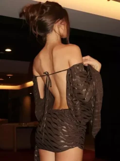 Backless Sheer Mini Dress For Women - Sexy V Neck Tie Front Long Sleeves Ruched Bodycon - Summer Night Out Club Party 2026